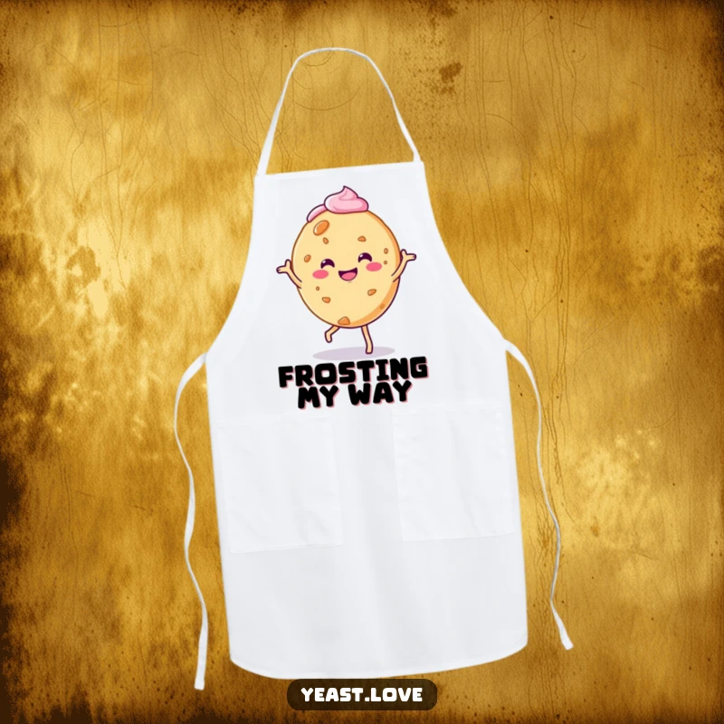 Funny cookie apron with a smiling character doing a charming jig, adorned with frosting, for kitchen fun.
