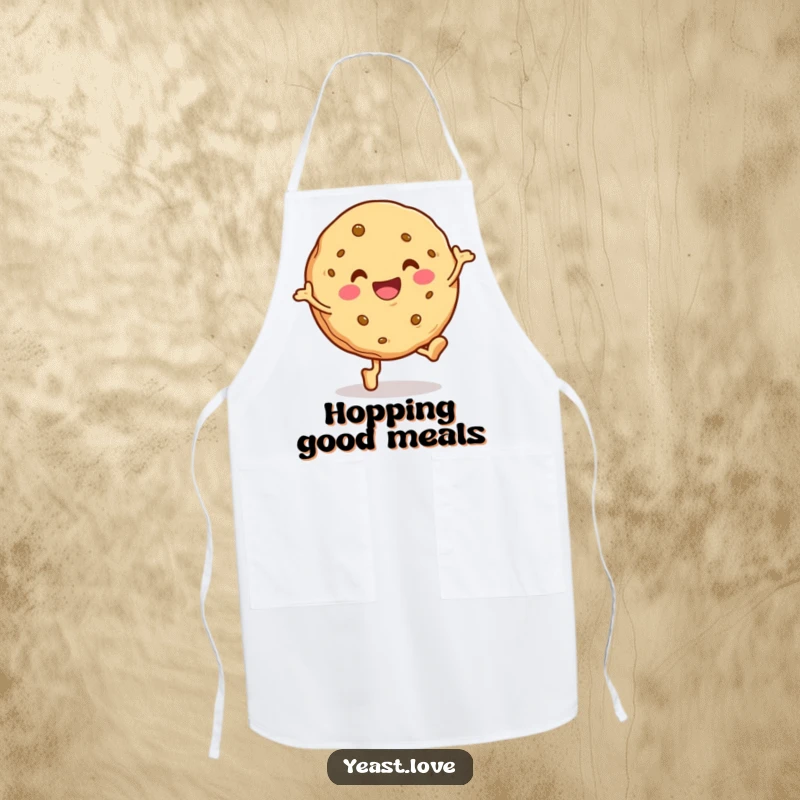 Funny cookie apron showing a happy character in a cheerful hop while cooking. Humorous and practical kitchen wear.