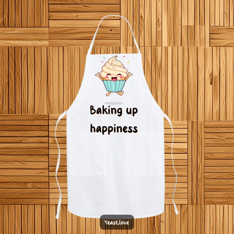 Funny cupcake apron with a happy character doing a joyful jump, surrounded by flying sprinkles, for kitchen fun.
