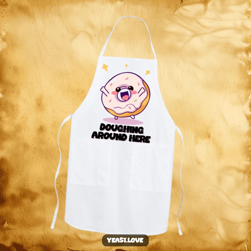 Funny donut apron with a delighted character performing a playful, bouncy spin, perfect for kitchen Brio.