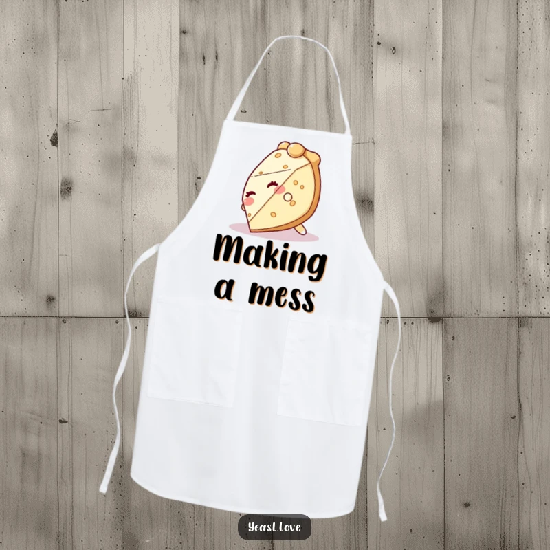 Funny pie apron with a giggling slice of pie character tumbling hilariously, perfect for kitchen fun.
