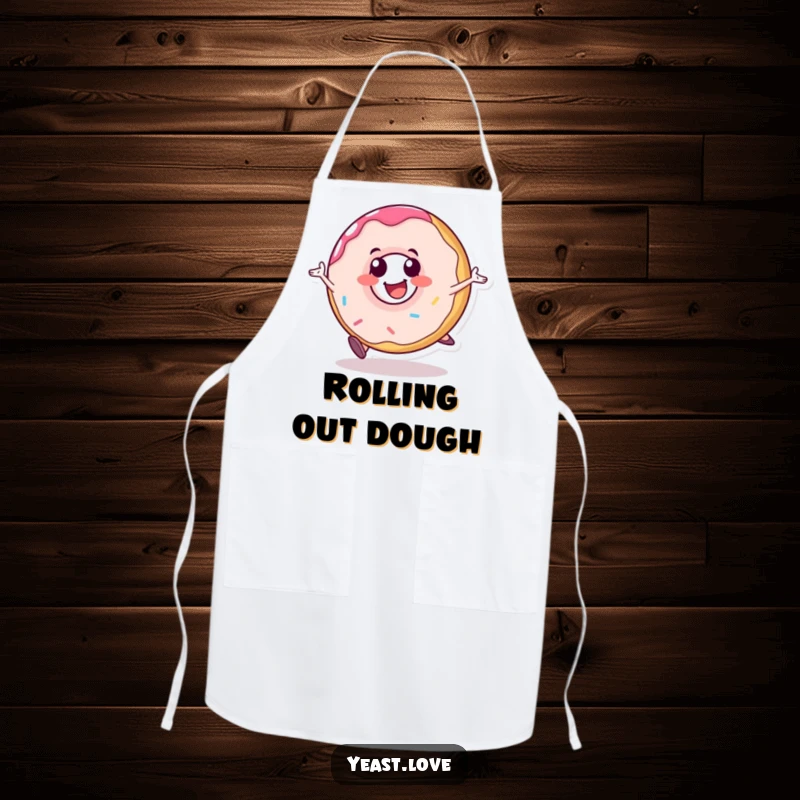 Funny donut apron showing a happy dessert character rolling with glee. Humorous and practical kitchen wear.