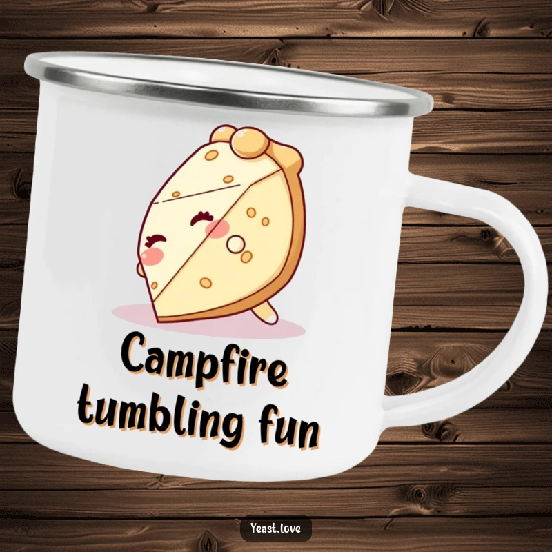 Funny pie camping mug showing a giggling slice of pie character tumbling hilariously, for outdoor enthusiasts.