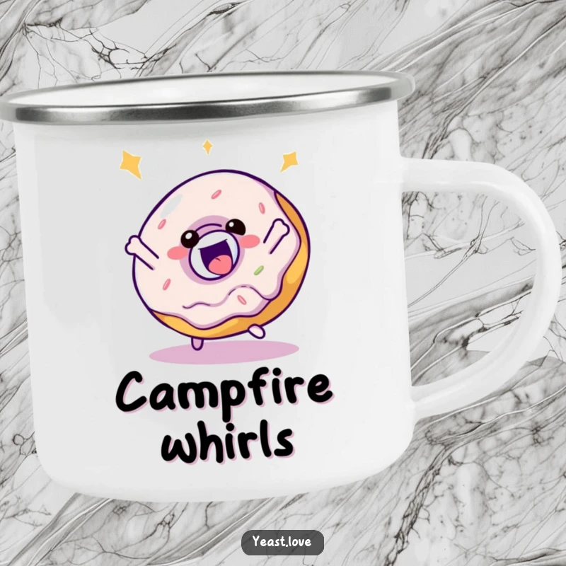 Funny donut camping mug showing a delighted character in a playful, bouncy spin, for outdoor enthusiasts.