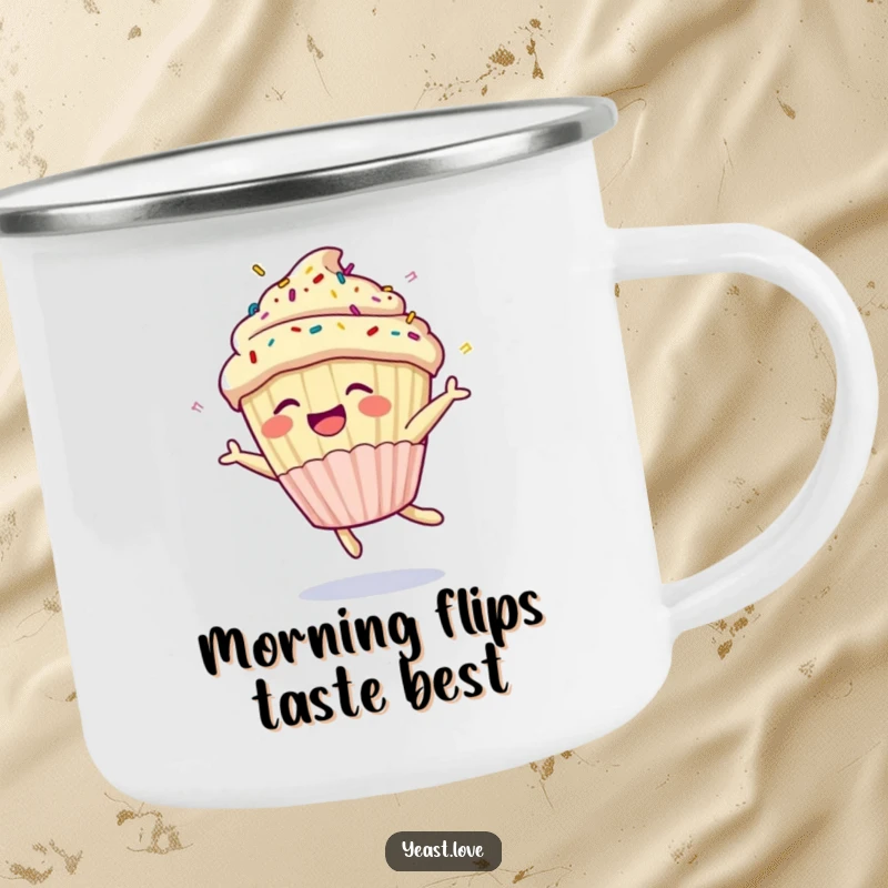 Funny cupcake camping mug with a happy character and sprinkles doing a joyful somersault. A durable and humorous outdoor mug.