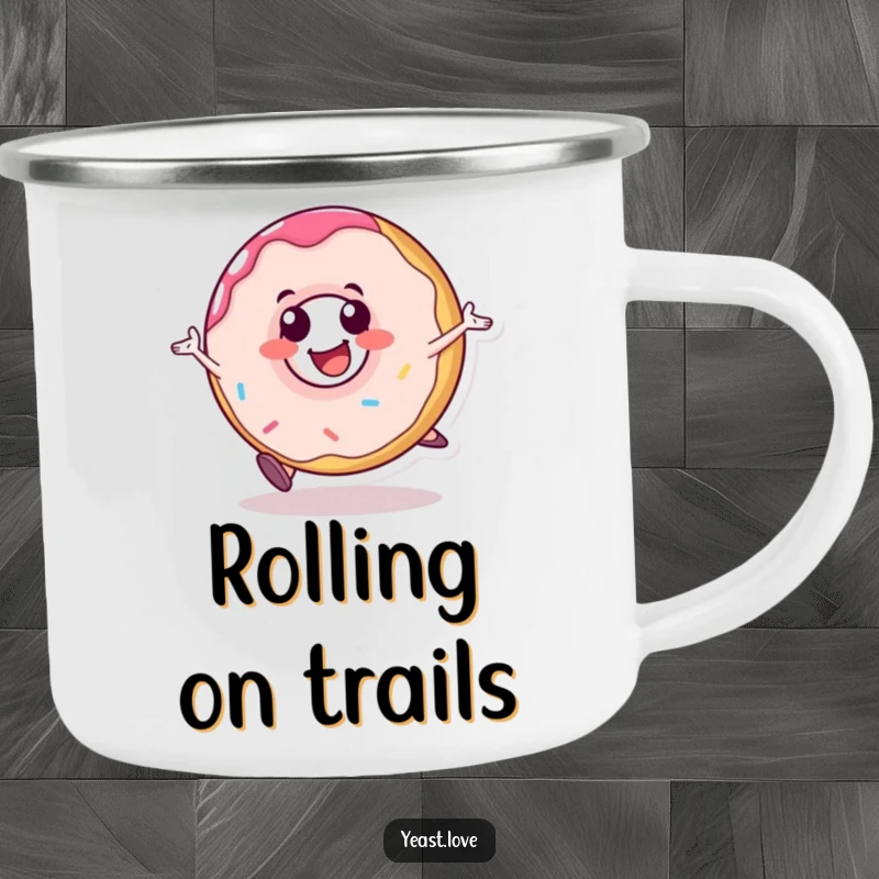 Funny donut camping mug with a happy dessert character rolling with glee. Durable and humorous for outdoor use.