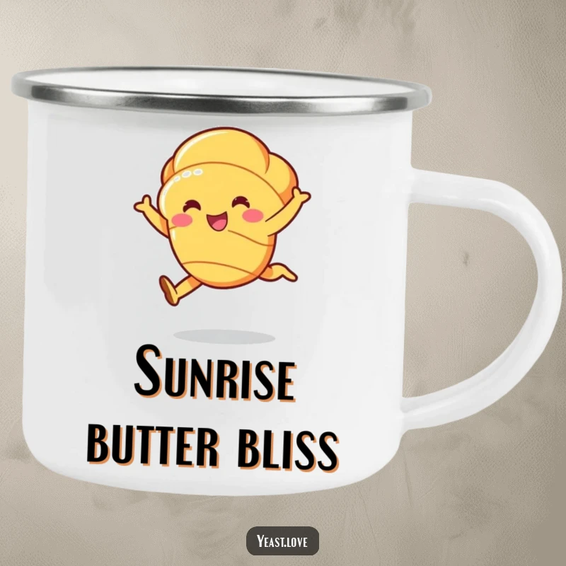 Funny croissant camping mug showing a cheerful character in a graceful, buttery leap, for outdoor enthusiasts.