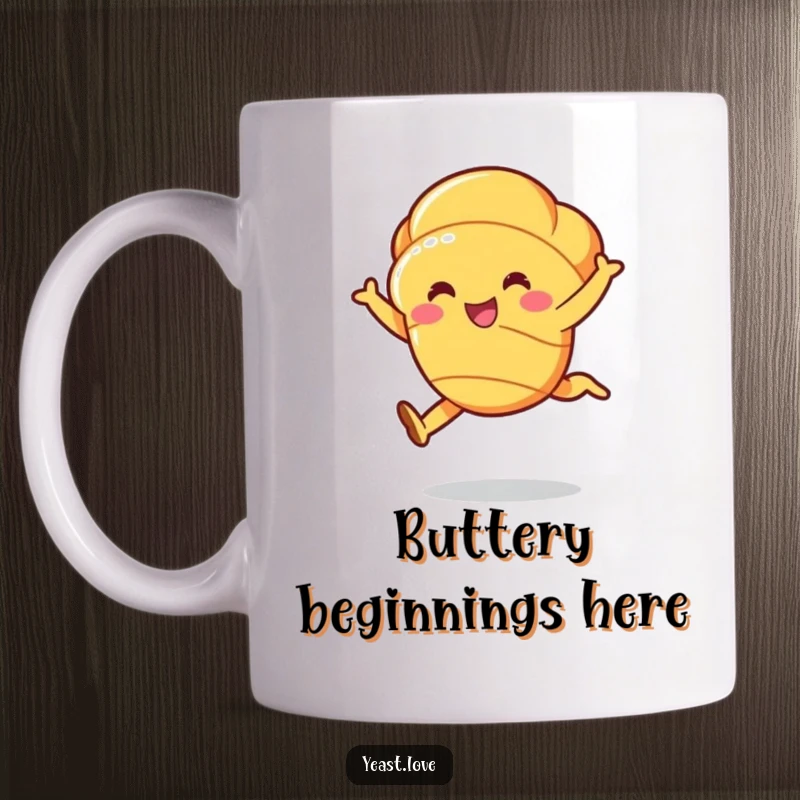 Funny cheerful croissant character mug performing a graceful, buttery leap with a flaky texture.