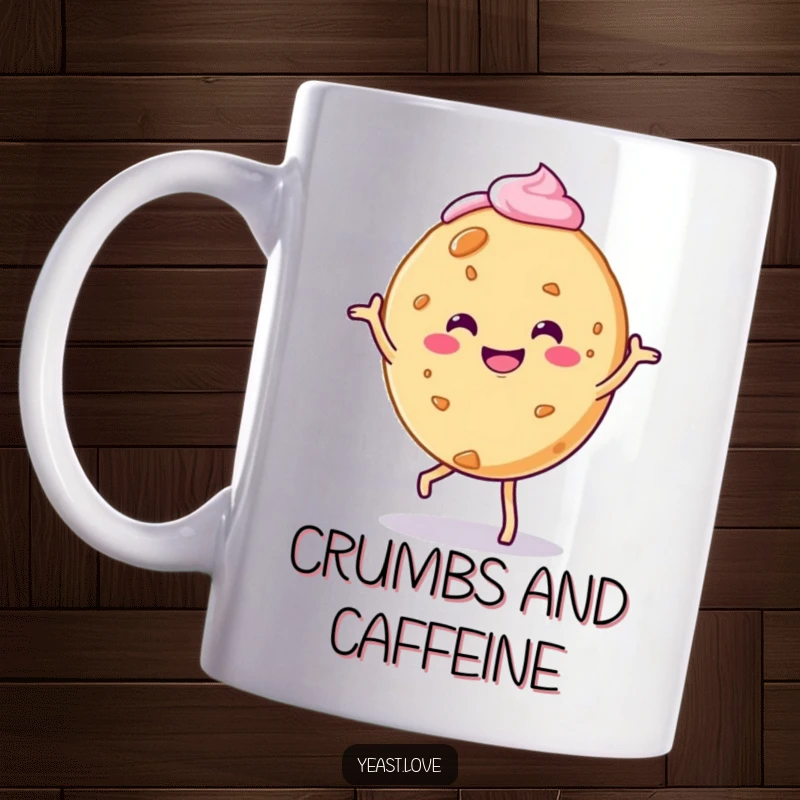 Funny smiling cookie character mug doing a charming jig, with frosting details adding to its sweet personality.