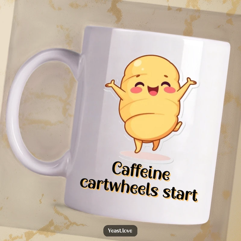 Funny croissant character mug, depicted mid-cartwheel with a delighted expression. A humorous and whimsical baked goods item.