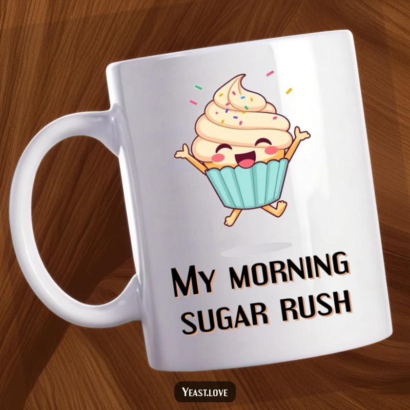 Funny jumping cupcake mug with sprinkles flying, celebrating happiness and pure joy with a cheerful baked good.