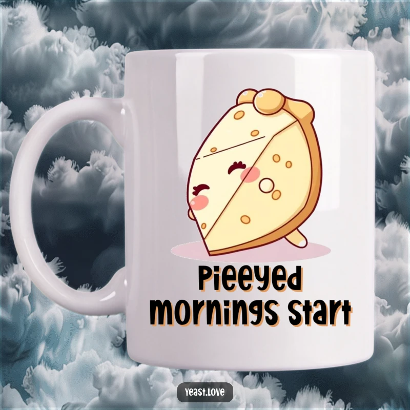 Funny giggling slice of pie character mug tumbling hilariously over itself with pure glee.