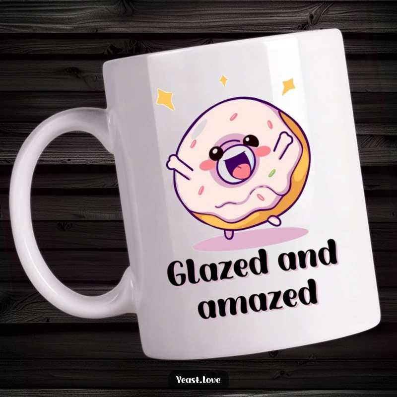 Funny delighted donut character mug performing a playful, bouncy spin with frosting and sprinkles visible.