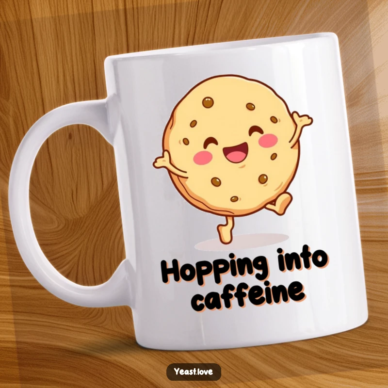 Funny cookie character mug, depicted mid-hop with a joyful expression. A whimsical and humorous dessert-themed gift.