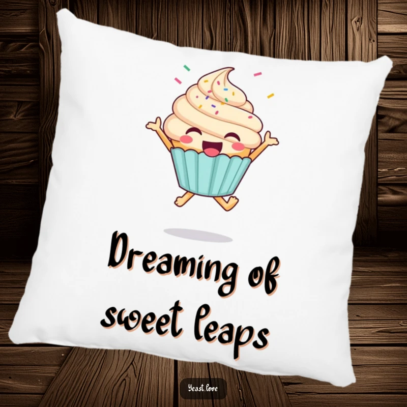 Funny and soft cupcake pillow showcasing a happy character jumping with glee and colorful sprinkles flying around.