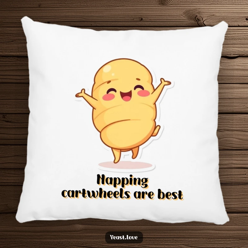 Funny croissant pillow featuring a happy dessert character in a delightful cartwheel. Soft, comfortable, and humorous decor.