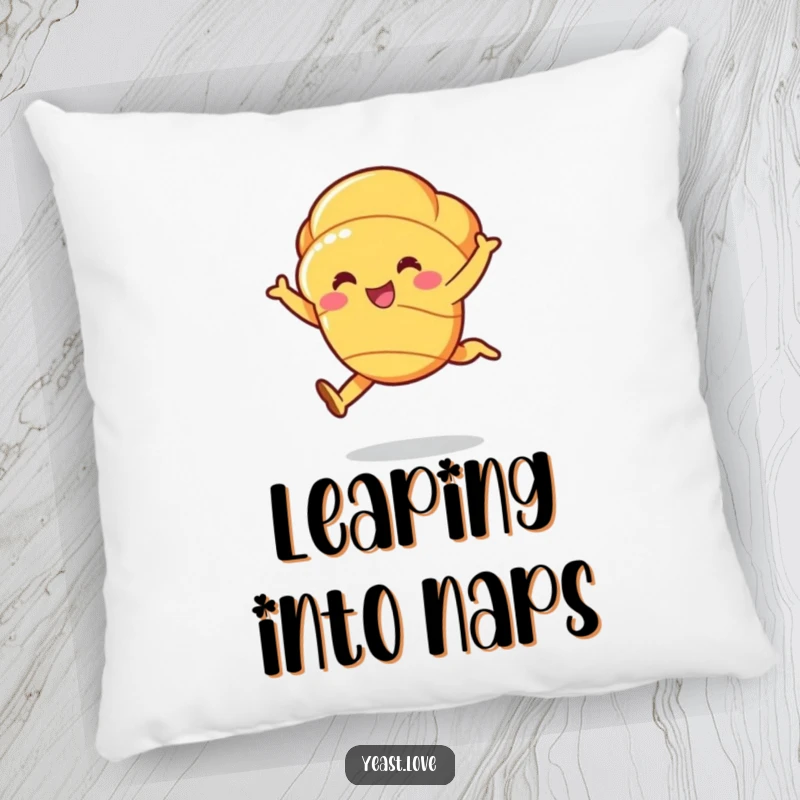 Funny and soft croissant pillow featuring a cheerful character in a graceful, buttery leap, perfect for lounging.