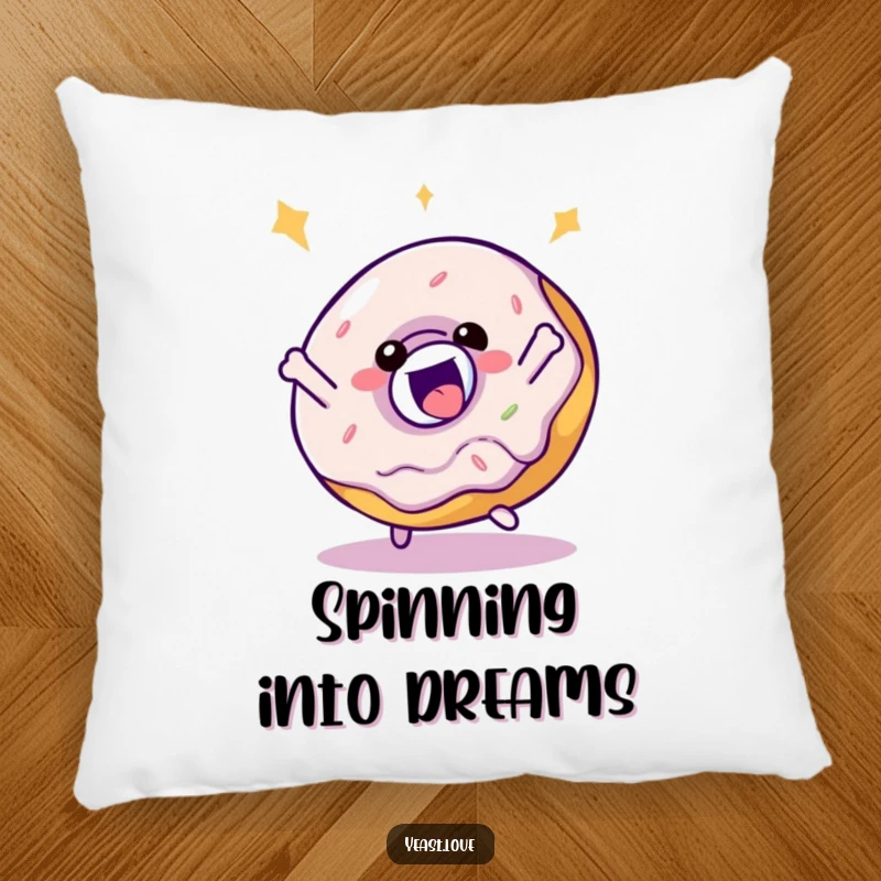 Funny and soft donut pillow featuring a delighted character in a playful, bouncy spin, perfect for lounging.