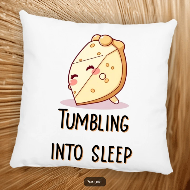 Funny and soft pie pillow featuring a giggling slice of pie character in a delightful tumble, perfect for lounging.