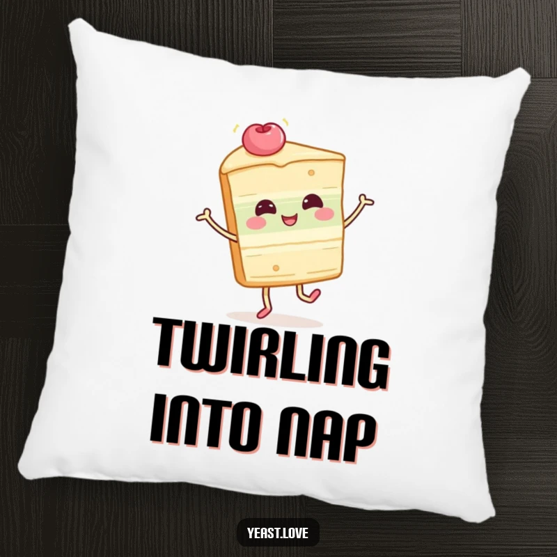 Funny cake slice pillow featuring a happy dessert character in a delightful twirl. Soft, comfortable, and humorous decor.