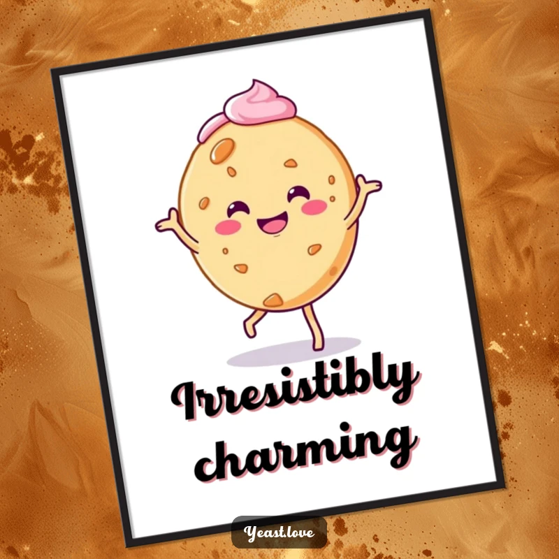 Funny cookie digital art print of a smiling character doing a charming jig with frosting details.