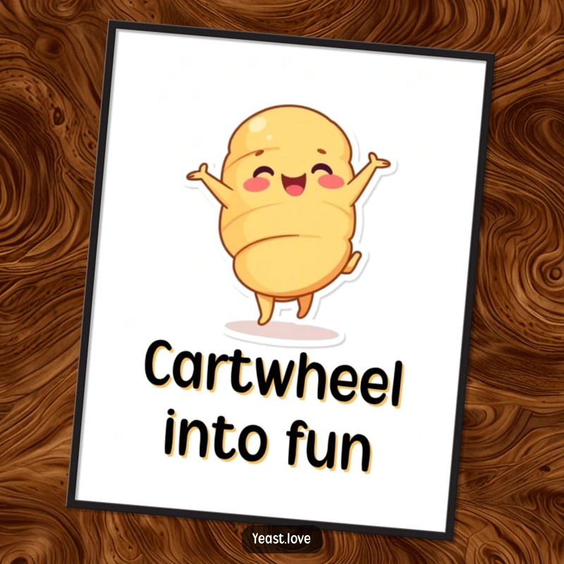 Funny croissant digital art print of a happy pastry character in a joyful cartwheel. Instant, whimsical, and humorous decor.