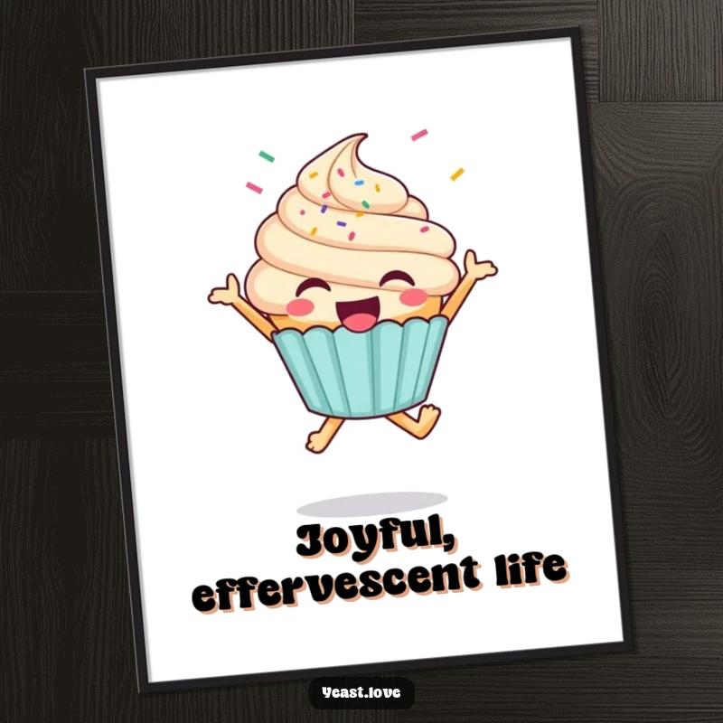 Funny cupcake digital art print of a happy character doing a joyful jump with a shower of colorful sprinkles.