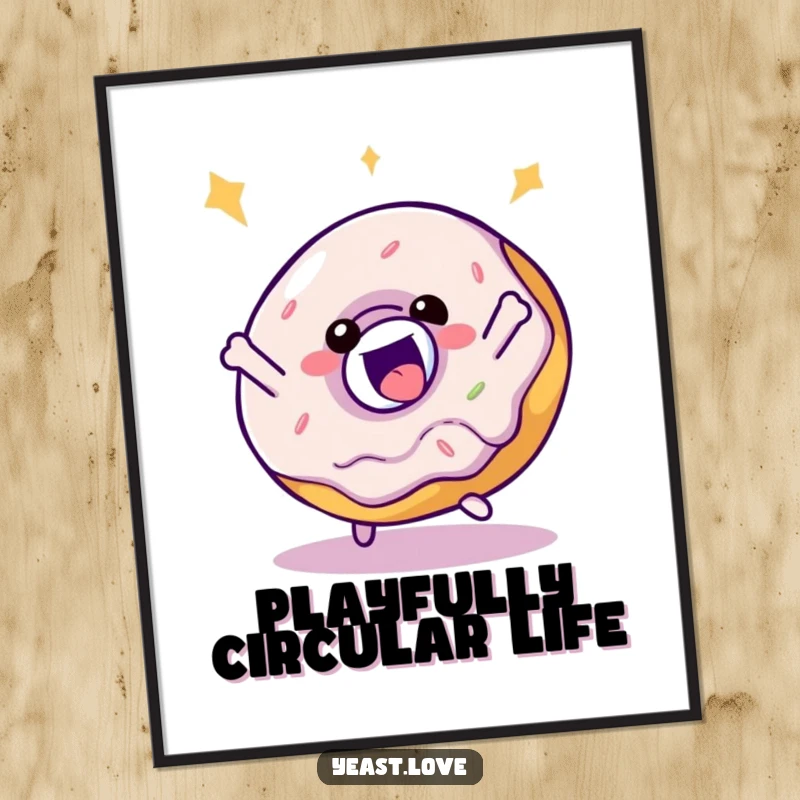 Funny donut digital art print of a delighted character performing a playful, bouncy spin with toppings.