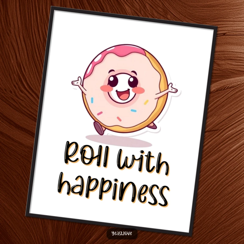 Funny donut digital art print of a happy dessert character rolling with glee. Instant, whimsical, and humorous decor.