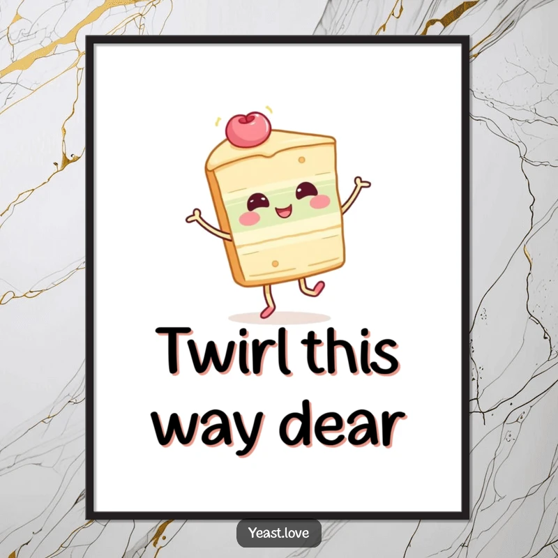 Funny cake slice digital art print of a happy dessert character in a joyful twirl. Instant, whimsical, and humorous decor.