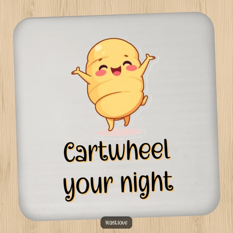 Funny croissant drink coaster with a happy pastry character in a cheerful cartwheel. Protects surfaces with humor and flair.