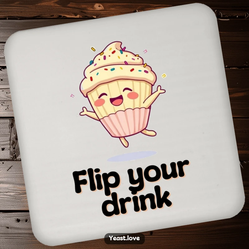 Funny cupcake drink coaster with a happy character and sprinkles doing a joyful somersault. Protects surfaces with humor.