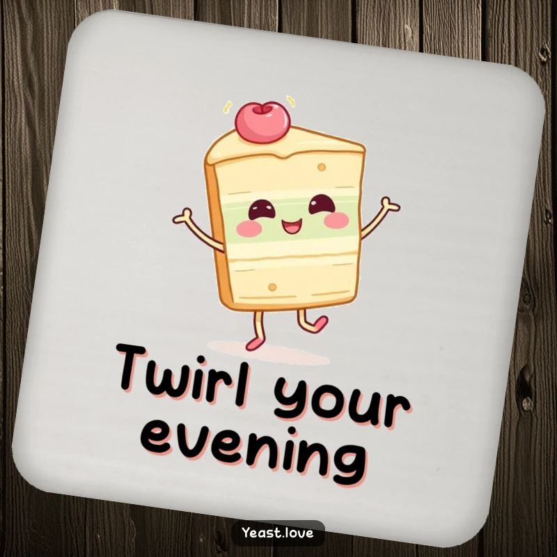 Funny cake slice drink coaster with a happy dessert character in a playful twirl. Protects surfaces with humor and flair.