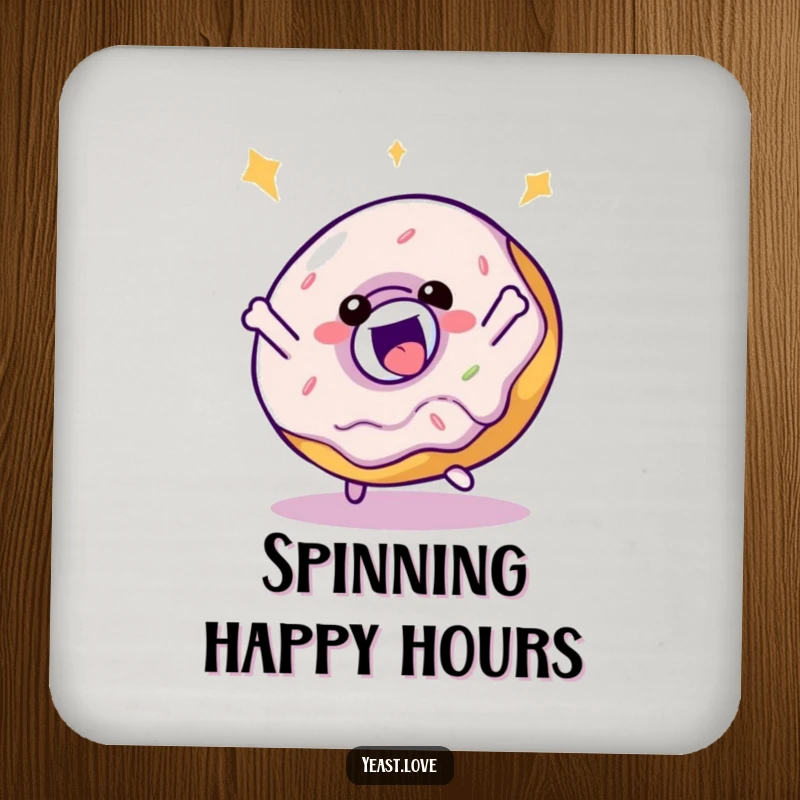Funny donut coaster featuring a delighted character in a playful, bouncy spin, protecting surfaces with style.