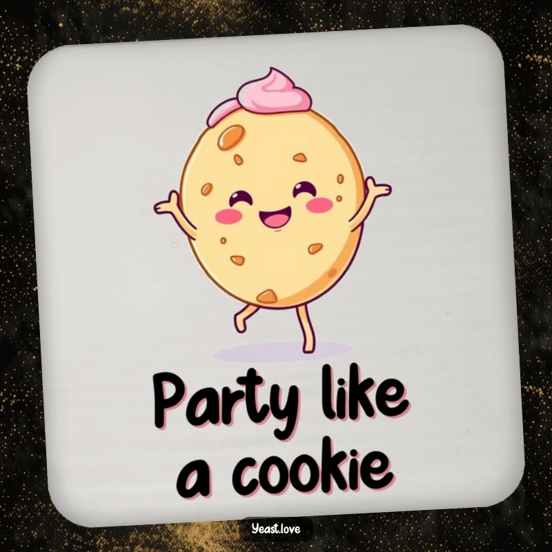 Funny cookie coaster featuring a smiling character doing a charming jig with frosting, protecting surfaces with style.