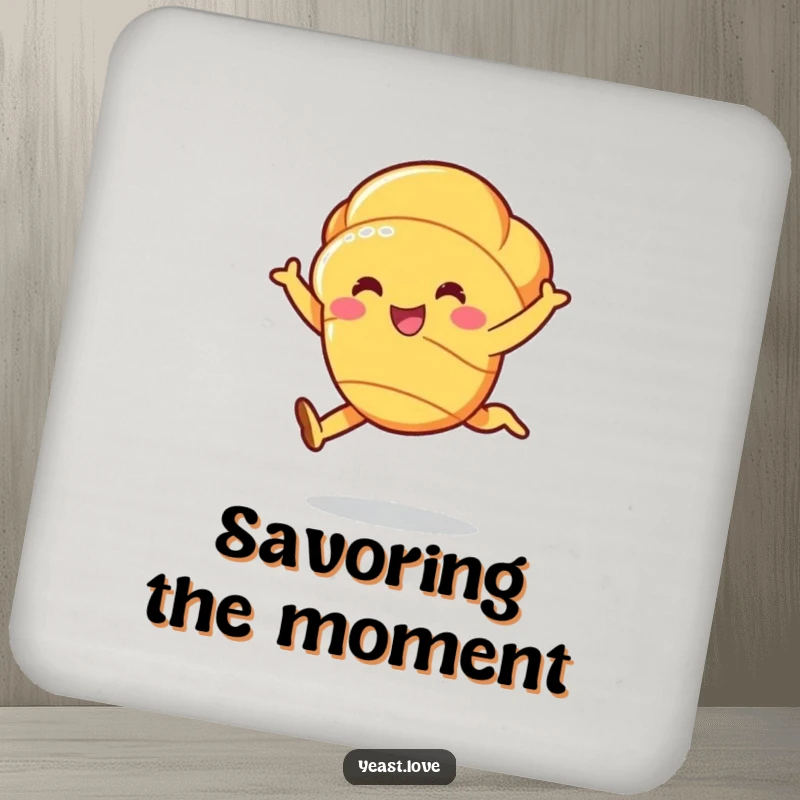 Funny croissant coaster featuring a cheerful character in a graceful, buttery leap, protecting surfaces with style.