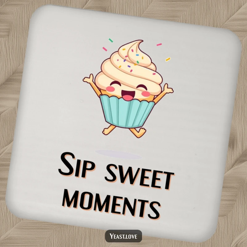 Funny cupcake coaster featuring a happy character mid-jump with sprinkles flying, protecting surfaces with style.
