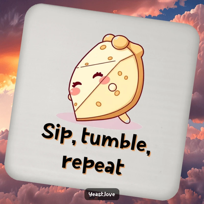 Funny pie coaster featuring a giggling slice of pie character tumbling hilariously, protecting surfaces with style.