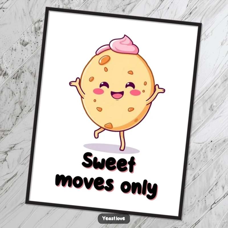 Funny cookie character poster, captured mid-jig with a charming frosting swirl, adding a touch of sweet art.