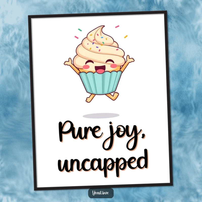 Funny cupcake character poster, depicting a joyful mid-air jump with a cascade of colorful sprinkles, adding cheer.