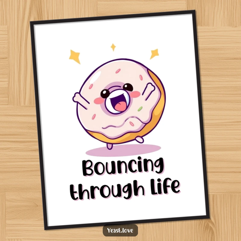 Funny donut character poster, captured in a delightful bouncy spin, bringing playful vibes to any wall.