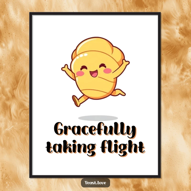 Funny croissant character poster, captured in a delightful buttery leap, bringing an artistic and cheerful vibe.