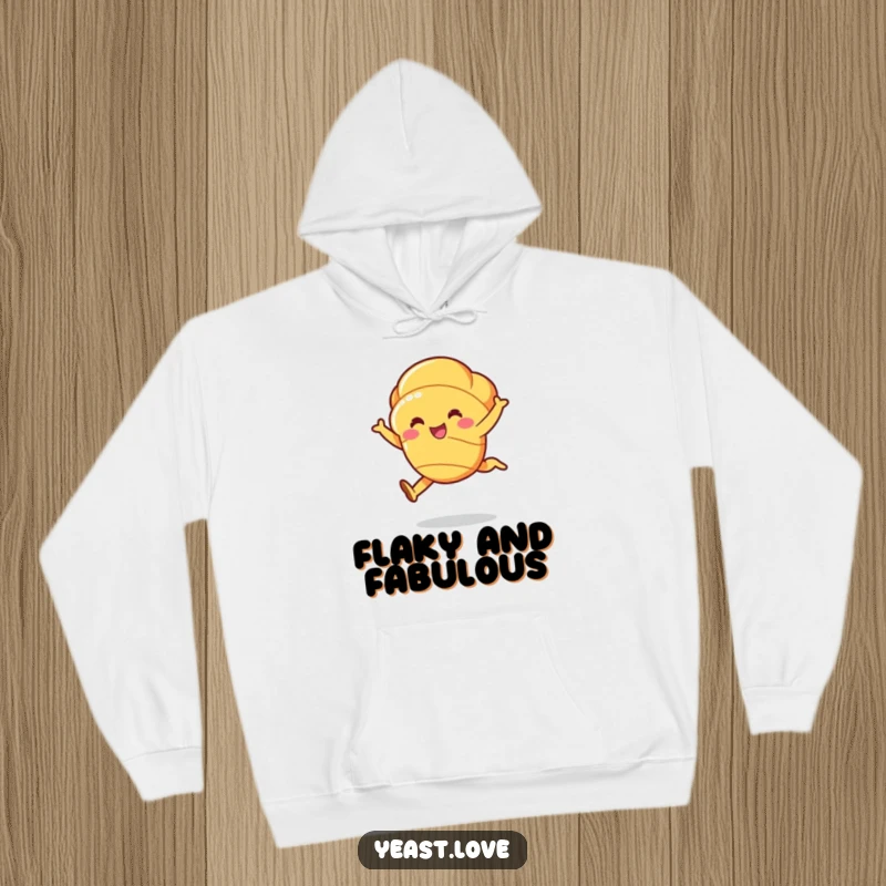Funny and cozy croissant hoodie with a cheerful character caught in a graceful, buttery leap.