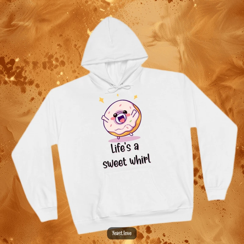 Funny and cozy donut hoodie with a delighted character caught in a playful, bouncy spin.