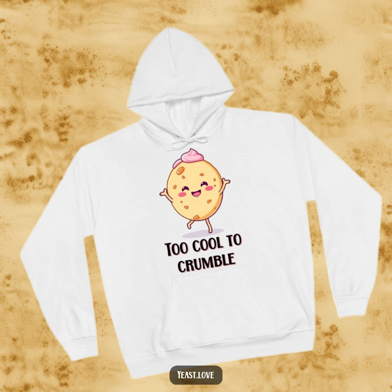 Funny and cozy cookie hoodie with a smiling character doing a charming jig, adorned with delicious frosting.