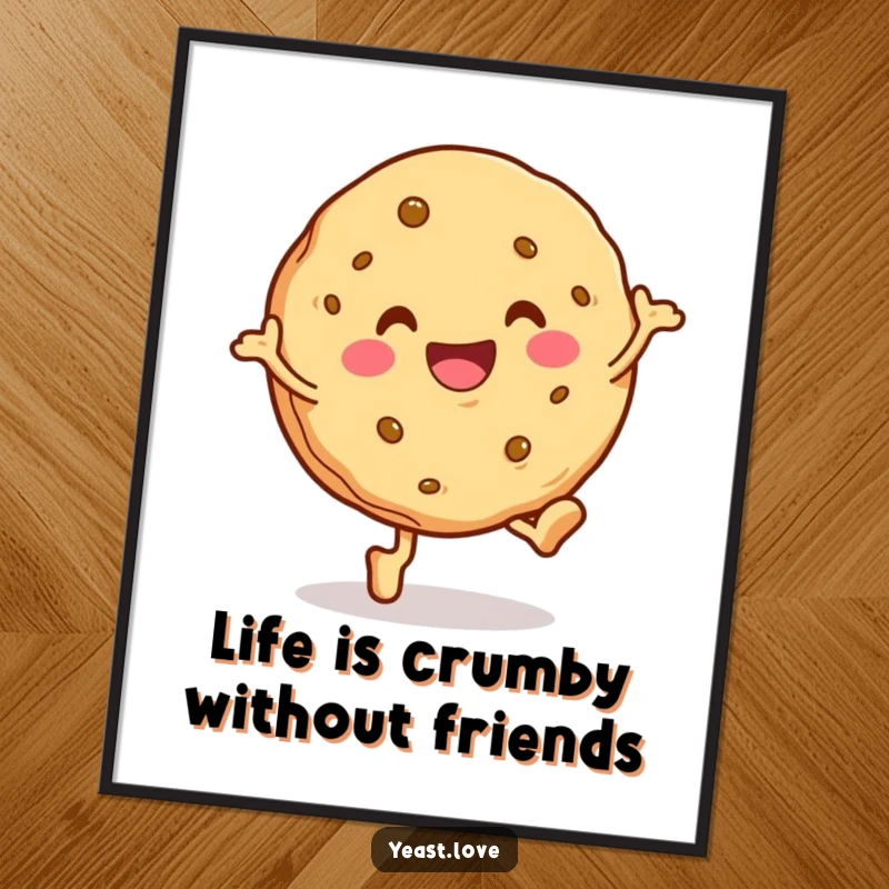 Funny Free Printable Cookie Wall Art: A smiling cookie character performs a happy little hop, bringing playful and humorous energy to your decor.
