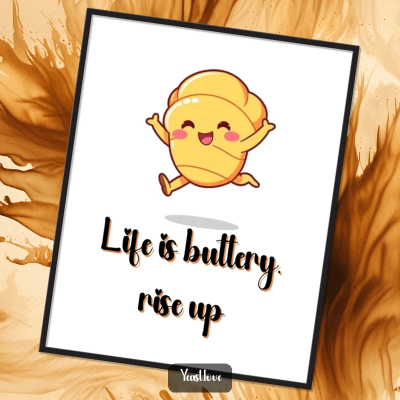 Funny Free Printable Wall Art: A cheerful croissant character in a graceful, buttery leap, adding elegant humor.
