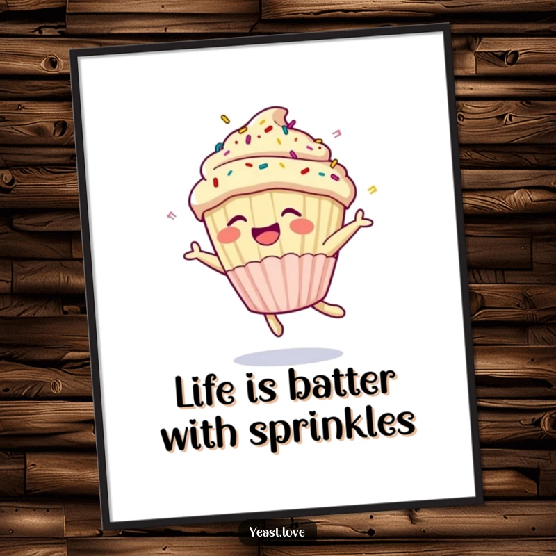 Funny Free Printable Cupcake Wall Art: A laughing cupcake with sprinkles performs a joyful somersault, adding whimsical and humorous decor.