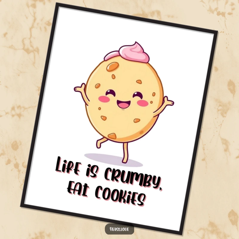 Funny Free Printable Wall Art: A happy cookie character doing a jig with frosting, bringing playful energy.