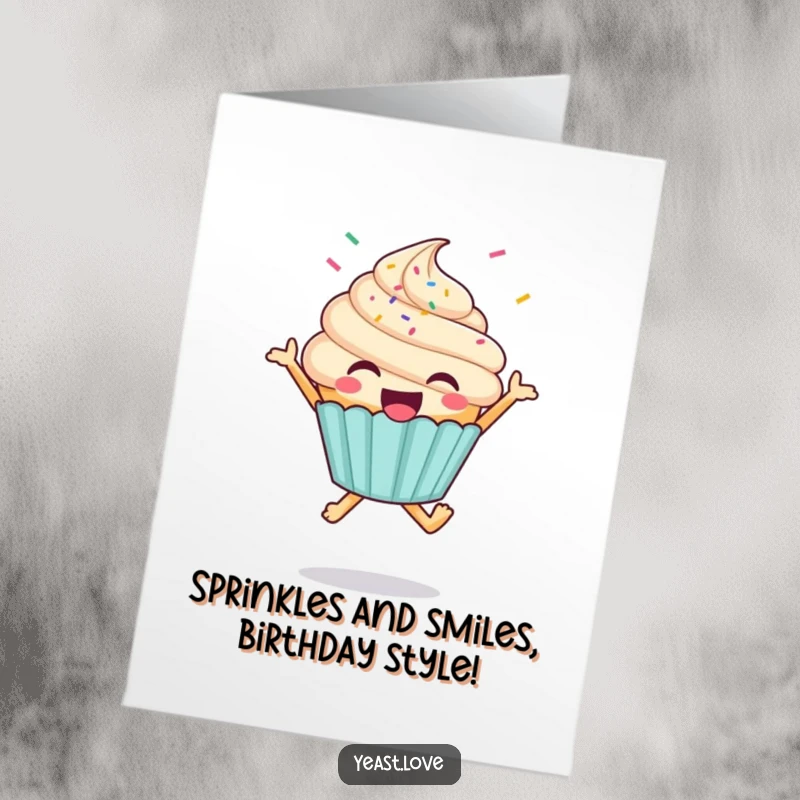 Funny Free Printable Birthday Card: A happy cupcake character joyfully jumping with sprinkles flying, ready to celebrate.